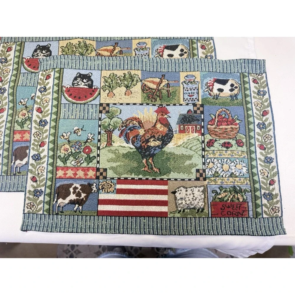 Hen Rooster Placemats Set Of 4 Woven Tapestry  & Large Table Runner 12